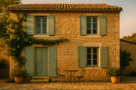 A picturesque stone house with blue shutters and a small outdoor seating areaの素材