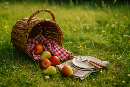A picnic basket spilled with apples beside two plates on green grassの素材