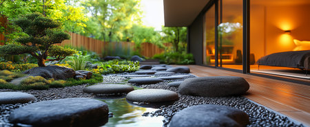 A tranquil zen garden featuring smooth stones and a modern interior in the backgroundの素材