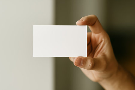 A hand presenting a blank business card against a soft, blurred backgroundの素材