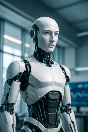 A humanoid robot stands confidently in a contemporary setting, showcasing its advanced designの素材