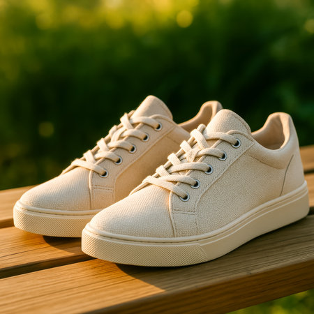 A Pair of Stylish Beige Sneakers Displayed on a Wooden Surface, Highlighting Their Design and textureの素材