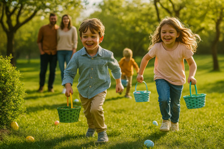 Two children running with baskets during an easter egg hunt in a vibrant park settingの素材
