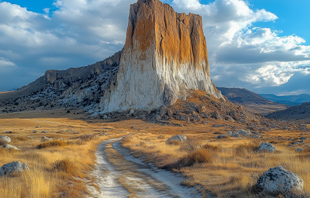 A breathtaking rock formation stands tall in a golden landscape, surrounded by serene natureの素材
