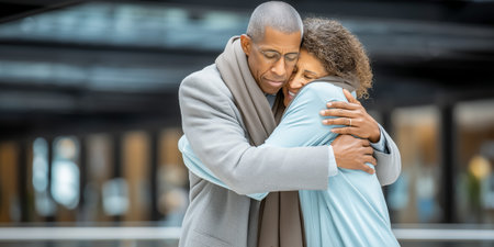 A man and woman warmly embracing each other indoors, showing love and connectionの素材