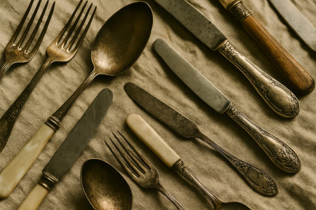 A beautiful arrangement of vintage cutlery placed on a rustic fabric surfaceの素材