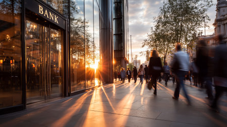 A busy sidewalk during sunset, with people walking past the bank building's glass facadeの素材