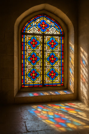 A beautiful stained glass window casting vibrant colors onto the stone floorの素材