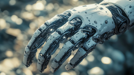A detailed close-up of a robotic hand showcasing advanced technology and designの素材