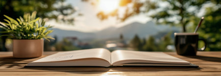 An open book next to a coffee cup on a rustic wooden table outdoors in sunlightの素材