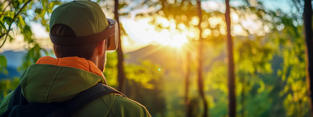 A man stands peacefully near a sunset, wearing a cap and jacket, enjoying natureの素材
