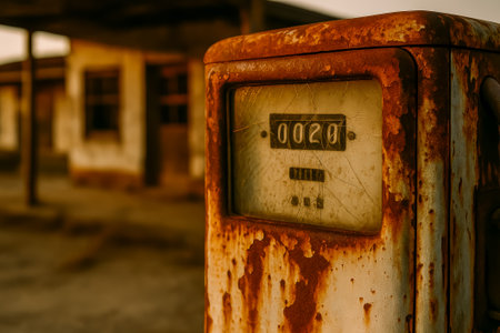 A close-up of a vintage, rusty gas pump showing wear and decay in an abandoned locationの素材