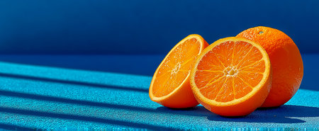 Fresh oranges sliced to reveal juicy segments against a bright blue background with shadowsの素材