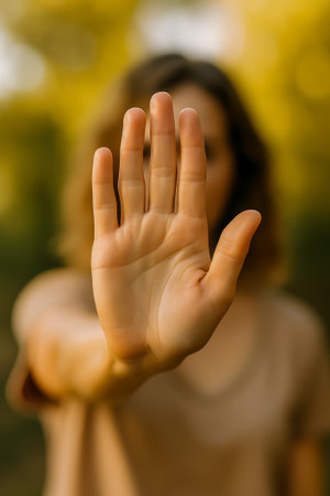 A woman holds up her hand in a stop gesture against a blurred backgroundの素材