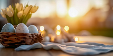 A basket of easter eggs next to tulips in a warm, sunny settingの素材