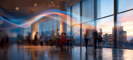 An abstract wave design symbolizing innovation in a contemporary office with a city skylineの素材