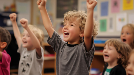 A group of joyful children smiling and cheering enthusiastically in a classroom environmentの素材