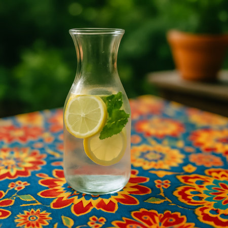 A pitcher filled with refreshing water, lemon slices, and mint on a vibrant tableclothの素材