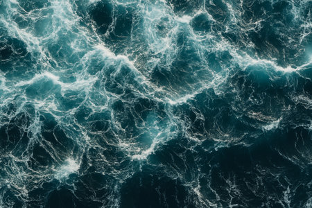 An aerial shot of turbulent ocean waves showing their dynamic movement and energyの素材