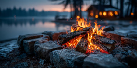 A warm campfire surrounded by stones near a tranquil lake at twilightの素材