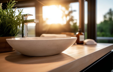 A sleek bathroom sink featuring a modern design and greenery with sunlight streaming through windowsの素材