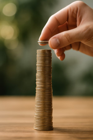A hand adding a coin to a tall stack of gold coins on a wooden surfaceの素材
