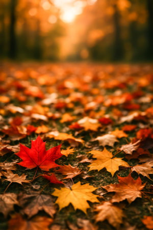 A stunning display of autumn leaves in vibrant colors covering the forest groundの素材
