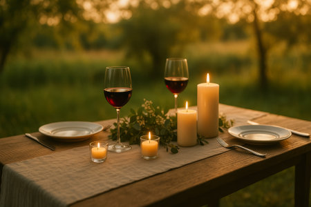 An inviting outdoor dining table adorned with candles and wine glasses in a serene settingの素材