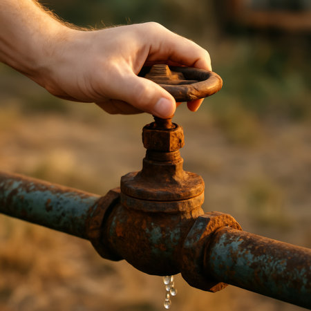 A hand operates a rusty valve on a water pipe, with droplets of water emerging outdoorsの素材