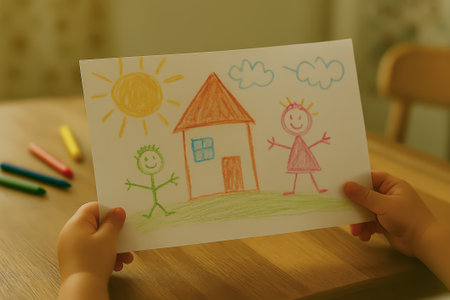 A child holding a colorful drawing featuring a house, sun, and stick figuresの素材