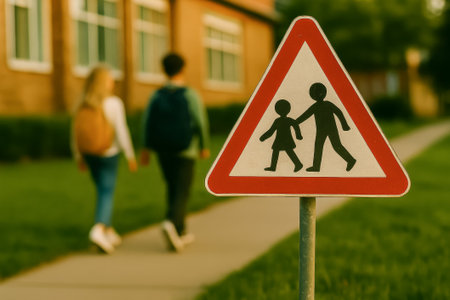 A School Crossing Sign Positioned in Front of Children Walking Towards Schoolの素材