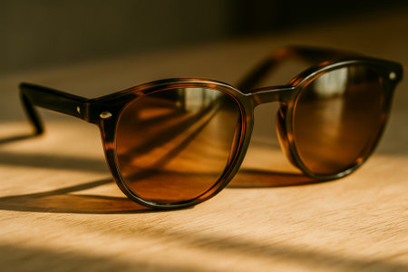 A pair of fashionable sunglasses laid on a wooden surface, illuminated by warm lightの素材