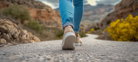 A person walking along a winding road, showing casual sneakers against a natural backdropの素材