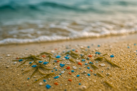 A close-up view of seaweed and colorful plastic pieces scattered on the beachの素材