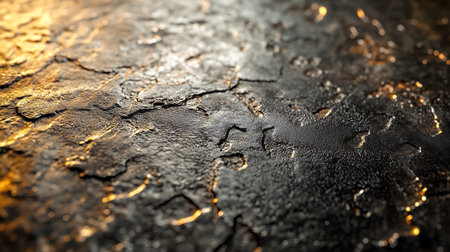 A close-up view of a textured black surface featuring golden highlights and moisture dropletsの素材