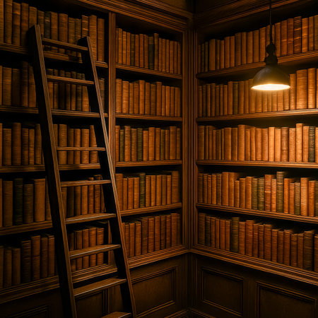 A warm, inviting library featuring wooden shelves filled with books and a ladderの素材