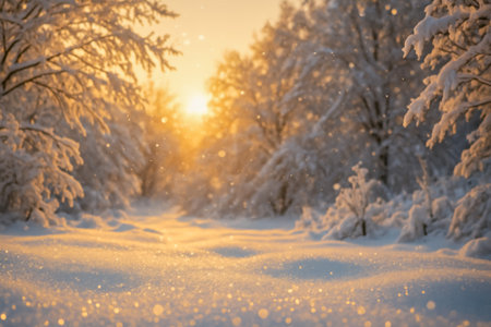 A serene winter landscape with trees covered in snow and a golden sunset in the backgroundの素材