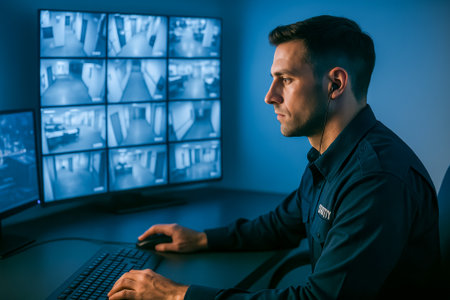 A security guard attentively watching surveillance footage on large screens in a control roomの素材
