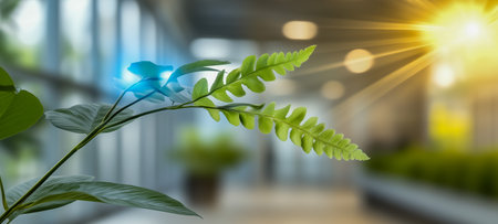 A vibrant green plant basking in sunlight within a stylish indoor environmentの素材