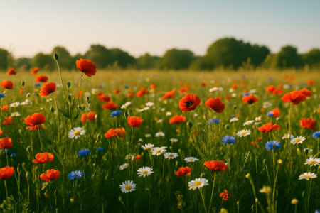 A colorful field filled with poppies and daisies blooms under the warm sunlightの素材