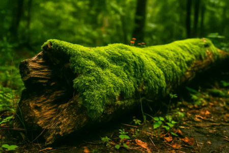 A fallen log covered in vibrant green moss in a serene forest settingの素材