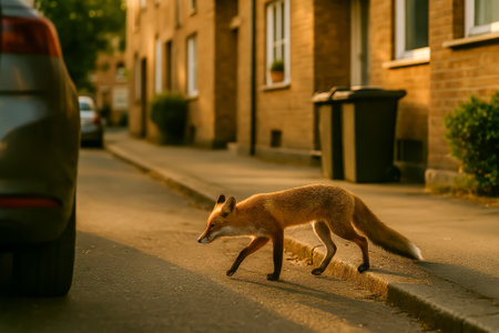 A fox walking gracefully along the sidewalk in a quiet residential street at sunsetの素材