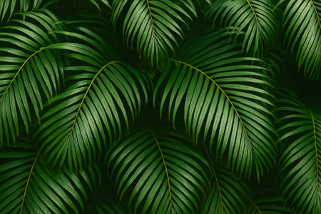 A vibrant display of palm leaves showing their rich green hues and intricate patternsの素材