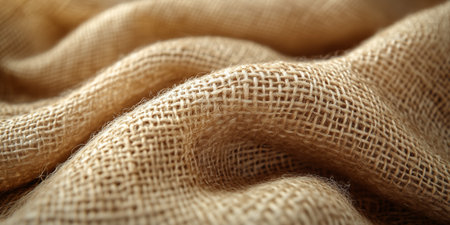 A close-up view of soft burlap fabric showing its intricate texture and natural tonesの素材