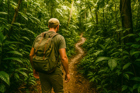 A man walking along a winding path in a vibrant rainforest surrounded by greeneryの素材