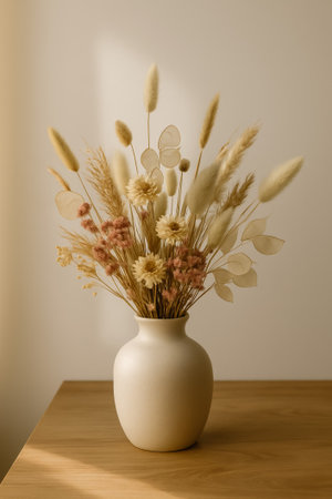 A beautiful arrangement of dried flowers in a neutral vase, enhancing a serene home settingの素材