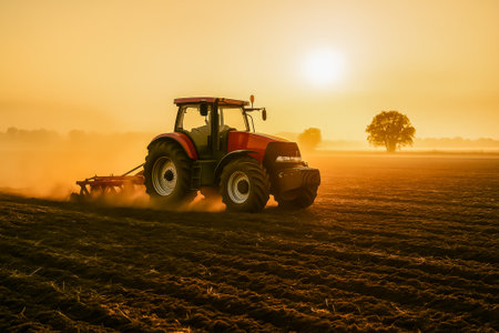 A red tractor is plowing a field at sunset, creating dust against a golden skyの素材