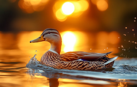A duck gliding through water with a beautiful sunset creating a shimmering backgroundの素材