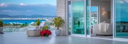 A stylish balcony showing ocean views, comfortable seating, and vibrant greenery in potsの素材