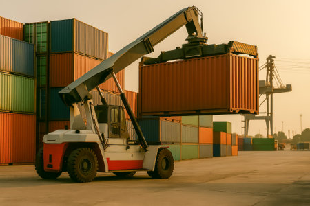 A forklift lifting a shipping container at a bustling cargo yard during sunsetの素材